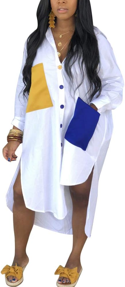 ECHOINEWomen's Sexy T-Shirt Dress V Neck Button Down Loose Blouse Tops Casual Dresses