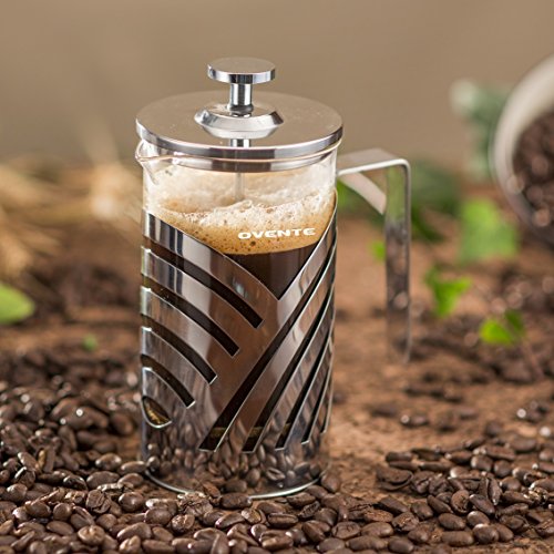 Ovente French Press CafetiÃ¨re Coffee and Tea Maker, High-Grade Stainless Steel, Nickel Brushed, Heat-Resistant Borosilicate Glass, 27 oz (800 ml), 6 cup, Dazzling Diagonal Design, FREE Measuring Scoop