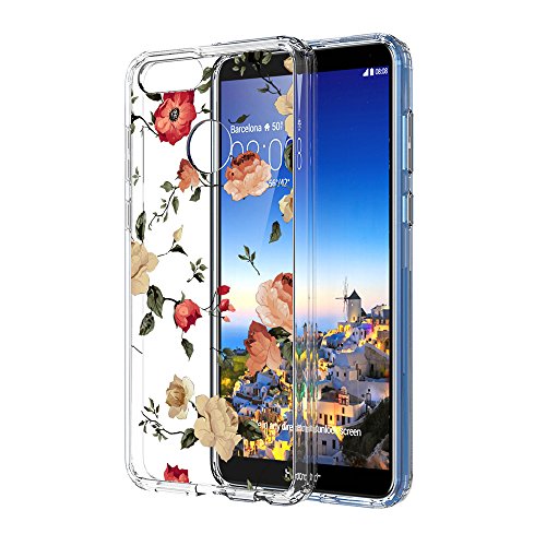 Huawei Honor 7X Case, Mate SE Case, LEEGU Scratch Resistant Floral Printed Clear Design Hard Plastic and TPU Gel Bumper Protective Cover Slim Case for Huawei Honor 7X/Mate SE - Rose Flower