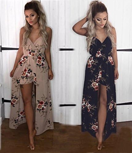 Kbook Women's Sleeveless V-Neck Floral Print Split Beach Party Maxi Romper Jumpsuit Dress