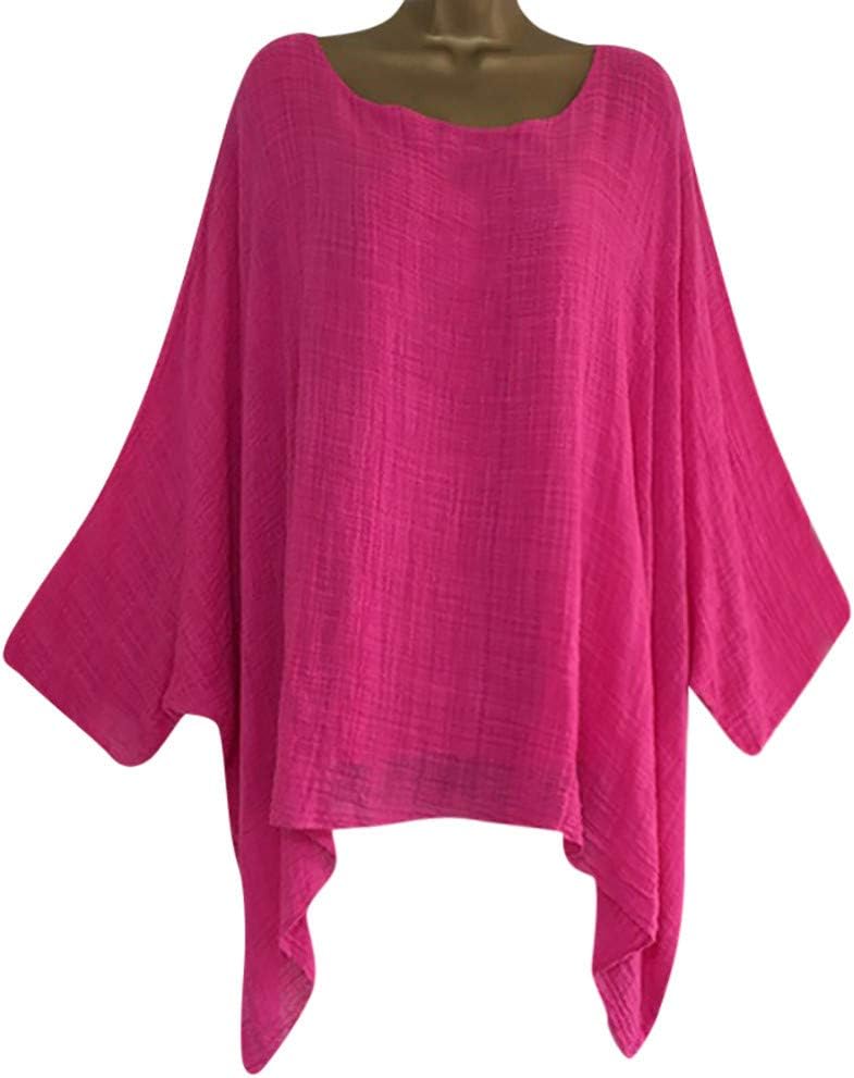 TIMEMEAN TopsLadies Autumn Casual Outdoor Home Daily Tops Womens Plus Size Loose Linen Shirt Blouse Hot Pink