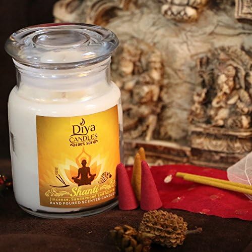 Diya Candles Shanti - Incense, Sandalwood & Myrrh - 5.5 Oz. Jar 100% Soy Wax Eco-Friendly Aromatherapy Scented Candle