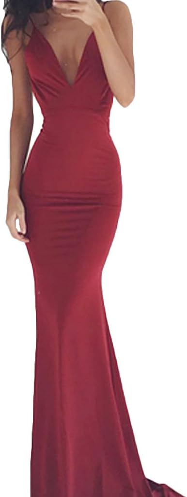 Evening Dress Long Elegant Red Women Mermaid New Cocktail Dress Backless Floor Length Shoulder-Length Sleeveless Empire Style Long Dress Prom Gown