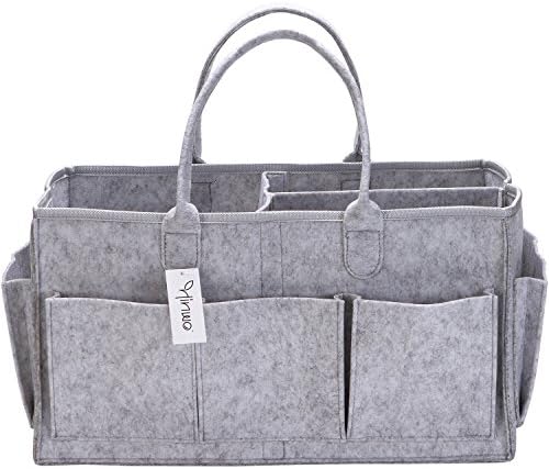 Hinwo Baby Felt Diaper Caddy 3-Compartment Infant Nursery Tote Storage Bin Portable Car Organizer Newborn Shower Gift Basket with Detachable Divider and 8 Side Pockets for Diapers & Wipes, Grey