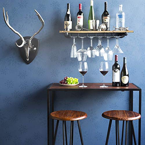 Rustic Wall Floating Shelf Stemware Holder Wine Rack Reclaimed Wood with Pipe Industrial Pipe Brackets Walnut