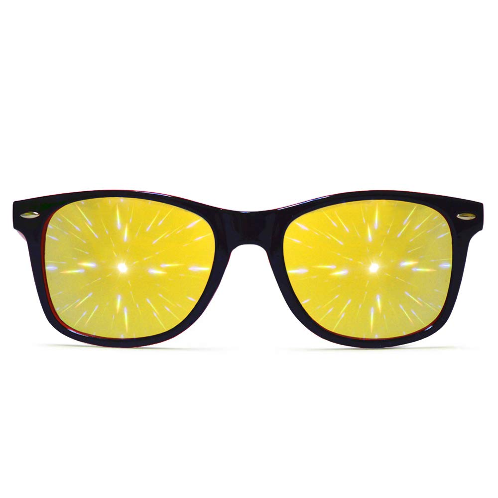 GloFX Ultimate Diffraction Glasses | 3D Prism Rainbow Effect | Great Edm, Concert, and Rave Accessory | Red and Black Frame with Gold Mirror Firework Lenses