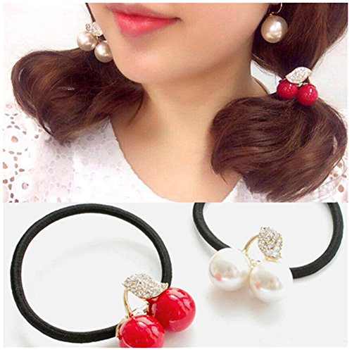 Casualfashion 6Pcs Korean Fashion Hair Rope Cute Crystal Rhinestone Cherry Hair Rings for Women Girls Ponytail Holder