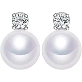 AAA+ Quality Handpicked Freshwater Cultured Stud Button Pearl Earrings Gold Plated 925 Sterling Silver Post (White gold, 8-9mm)