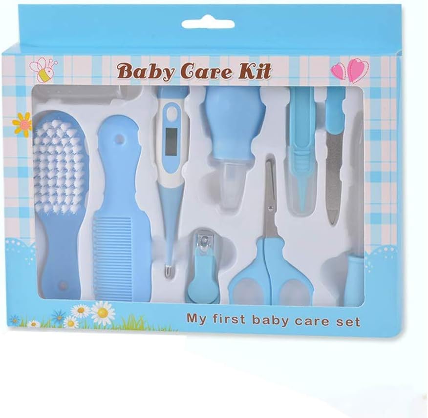 TEEROVA Baby Grooming Kit 10pcs Newborn Nursery Health care Set Baby Nail Clipper File Scissor Tweezer Thermometer Brush Comb (Blue)