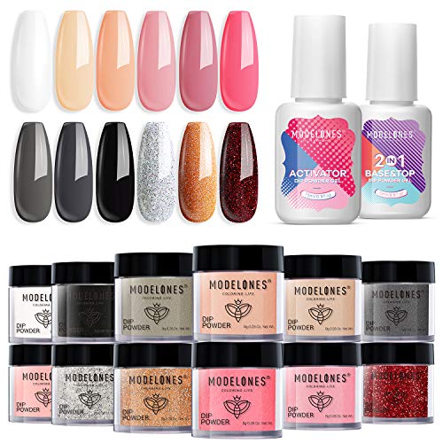 Modelones Dip Powder Nail Kit Starter12 Colors French Style Dipping Powder with Base Top Coat 2