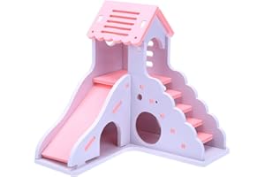 CHUQIANTONG Hamster House Toys Small Animal Hideout Slide DIY Gerbil Hut Villa Viewing Deck Ladder Cage Habitat Decor Accessories for Dwarf Syrian Hamster (Pink)
