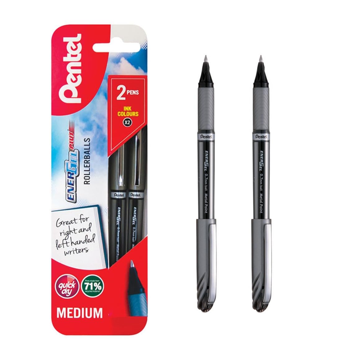 Pentel EnerGel Plus, 0.7mm tip, black ink, 1 blister card with 2 pens, XBL27/2-A