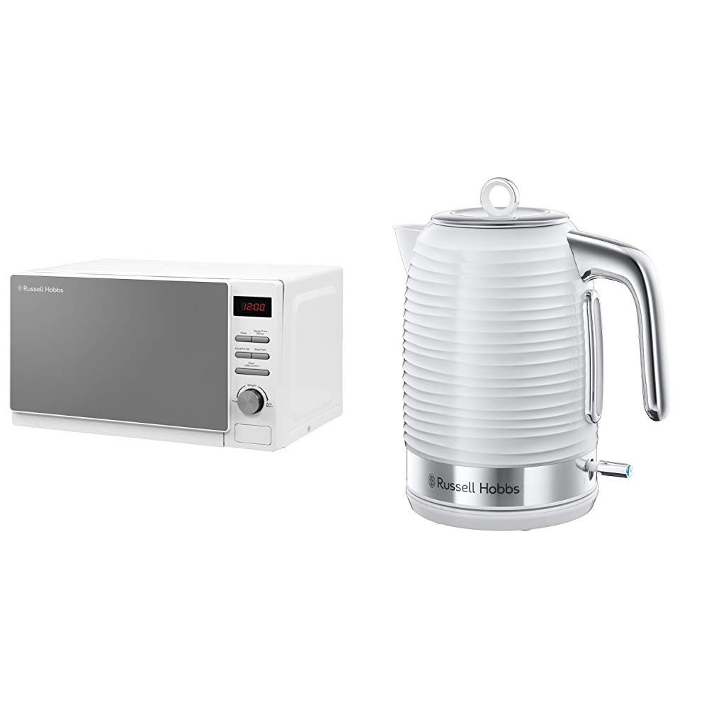 Russell Hobbs RHM2079A 20L Digital 800w Solo Microwave White & Hobbs 24360 Inspire Electric Kettle, 3000 W, 1.7 Litre, White with Chrome Accents