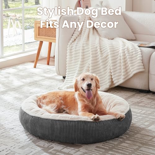 BedStill 36 inches Donut Dog Bed for Large Dogs - Calming Round Pet Bed with Removable&Washable Cover, Plush Faux Fur & Corduroy, Fits Pets up to 80 lbs(Dark Grey, Large)
