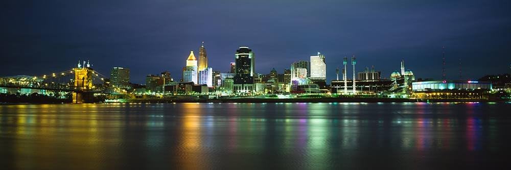 Amazon Com Walls 360 Peel Stick City Skyline Wall Mural Night Waterfront View Cincinnati 36 In X 12 In Panoramic Images Home Kitchen