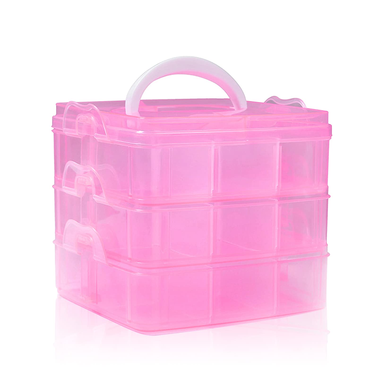 SacJkt Craft Storage Box, Compartments Divider Organizer, 3 Layers 18 Compartments Transparent Detachable Storage Box with Handle for Crafts, Jewelry, Sewing Accessories (Pink)