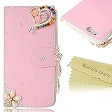 iphone 6 Plus Case (5.5 Inch) - Mavis's Diary 3D Handmade Wallet Bling Crystal LOVE Heart Pendant Sparkle Diamond Flowers PU Leather Card Holder Magnetic Folio Cover (Colorful Heart Pink Cover)