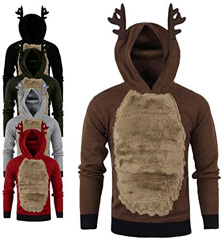 GzxtLTX Christmas Reindeer Costume Faux Fur Antlers Horn Hoodies Sweater Sweatshirt for Men Boys