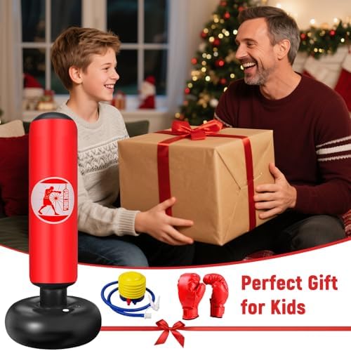Sac de Boxe pour Enfants 6 à 12 Ans, 160cm Gonflable Sac de Frappe sur Pied, Sac de Boxe Set de Formation avec Gants, Cadeau Parfait pour Garçons et Filles pour Karaté, Taekwondo