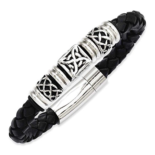 Chisel Stainless Steel Black Leather with Antiqued Beads 8.5in Bracelet