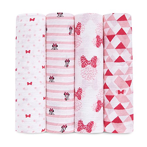 aden by aden + anais Disney Swaddle Baby Blanket, 100% Cotton Muslin, 44 X 44 inch, 4 Pack, Minnie Mouse