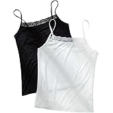 Qzkouma 2 Pack Women's Spaghetti Strap Lace Trim Cami Tunic Tank Tops Stretch Slim-Fit Camisole Black/White