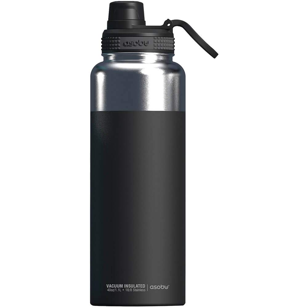 Asobu BPA Free Mighty 40 OZ Flask Water Bottle Made of Stainless Steel with Easy Grip Handle and Easy Access Spout Stays Hot/Cold for 12/24 Hours (Black)