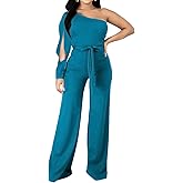 CuteCherry Women Elegant Jumpsuits For Elegant One Sleeve Sexy Straight Long Pants Rompers With Pockets