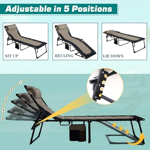 WKFAMOUT Folding Sun Lounger with 5 Adjustable Positions with Removable Pocket and Folding Sun Lounger Pillow, Max Load 120 kg for Camping, Beach, Garden, Outdoor, 190 x 59 cm, Khaki