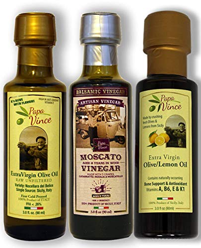 Papa Vince Infused Olive Oil - Dipping Set | Lemon Olive Oil | Balsamic Vinegar aged 8-years in wood | Extra Virgin Olive Oil from Sicily, Italy | 3 fl oz each