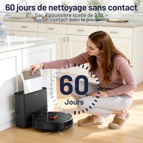 VONKO S6 Pro Robot Aspirateur Laveur avec Station de Vidage Automatique, 8000Pa, Navigation LiDAR 2.0, 180min Autonomie, Détection de Tapis, App & Alexa, Idéal Poils d’Animaux & Sols Dur,Noir