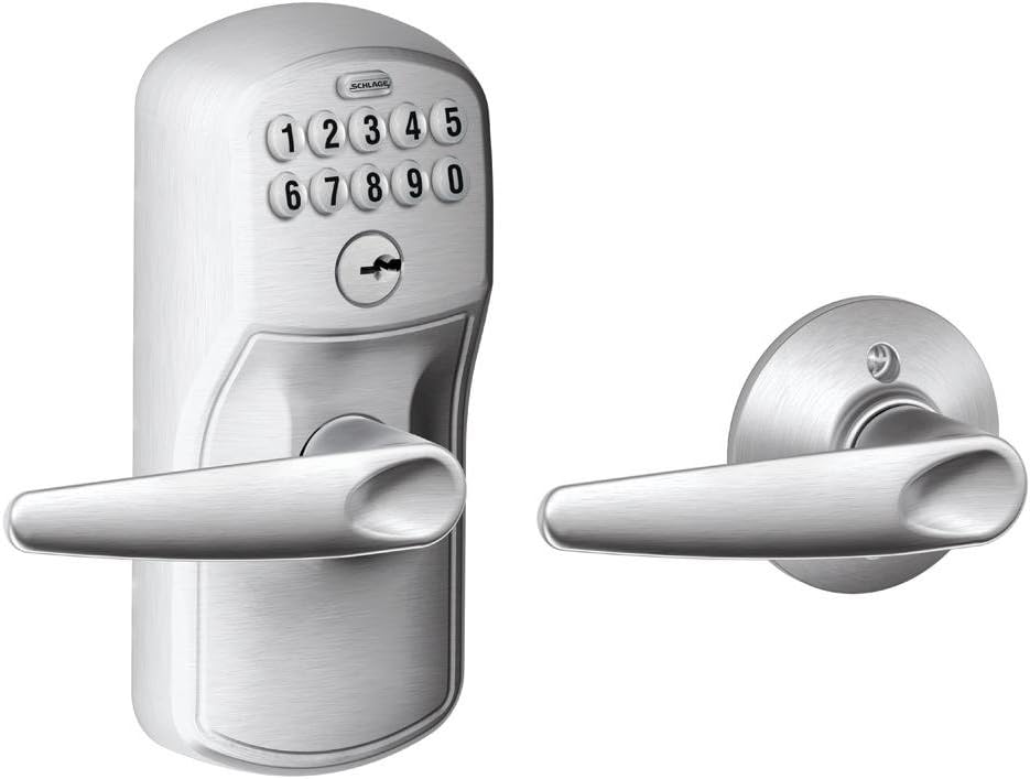 Schlage FE575-PLY-JAZ Keypad Entry and Auto-Lock Electronic Leverset with Jazz L, Satin Chrome