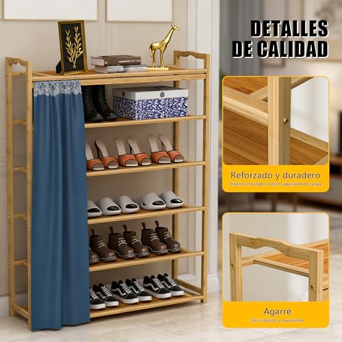 Zapatero de Bambú con Cortina, Diseño Plano de 6 Niveles, con Capacidad para 24 Pares de Zapatos, Cada Nivel Soporta 20 kg, Longitud Total 70 cm.