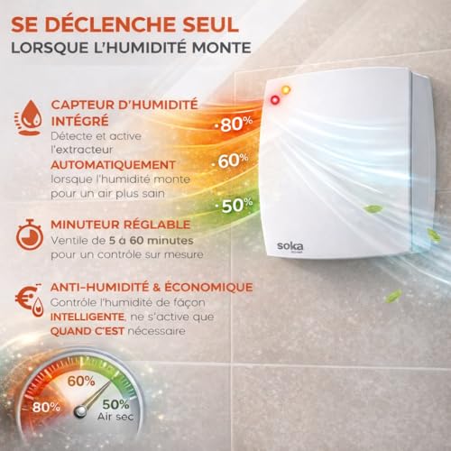 Soka home 100mm Adjustable Bathroom Air Extractor – Silent Automatic Humidity Sensor – 95 m³/h, Timer, CMV – Anti-Mould