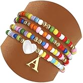 4PCS Colorful Initial Bracelets for Women Cute Beaded Heart Bohemian Initial A-Z Letter Bracelet Personalized Stackable Bracelets