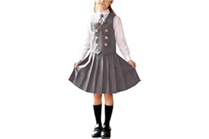 Uniform Dresses for Girls 4-Piece Set Long Sleeve Solid Blouse V-Neck Vest Bow Tie Elastic Waist Skirt School Outfit