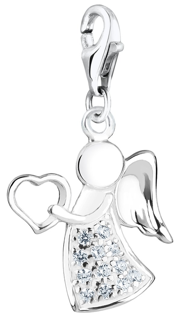 Nenalina charm-pendant "Angel with heart", for bracelets, necklaces and all common charms, 925 sterling silver with 12 cubic zirconia, lucky charm with carabiner for charm bracelet, 716096-019