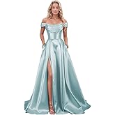 ALFEICE Satin Prom Dresses with Slit Strapless A Line Corset Ball Gowns Off Shoulder Formal Evening Gowns with Pockets