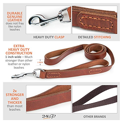 Leather Dog Leash – 6 ft Big Dog Training Leash - Double Handle Best for Pulling Medium and Large Pets – 6 Foot Long Heavy Duty Leather Lead - IMK9 Brown