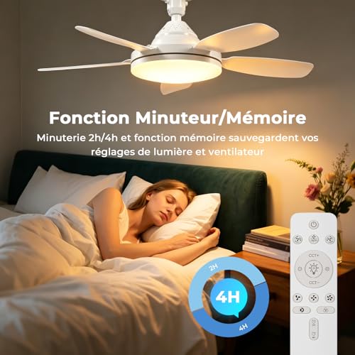 GOODEA Ventilateur de Plafond avec Lumière et Telecommande 81cm, E27 & 5 Pales à Encliquetage, 3 Couleurs & 2500LM Très Lustre Ventilateur Plafond Silencieux Minuterie Mémoire pour Salon Chambre