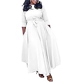 Xuideoy Casual Plus Size Maxi Dress for Women African Print 3/4 Sleeve Flowy Ruffle Long Dress with Belt 2025 Fashion