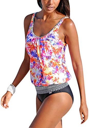 Summer Boutique Women 2 Pieces Tankinis Swimwear Swimming Costume Padded 3D Printed Tummy Control Ruffle Bikini Sets Plus Size Beach Vacation