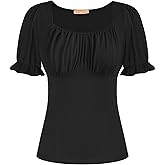 Belle Poque Women Vintage Ruched Tops Square Neck Puff Short Sleeve Cotton Shirt