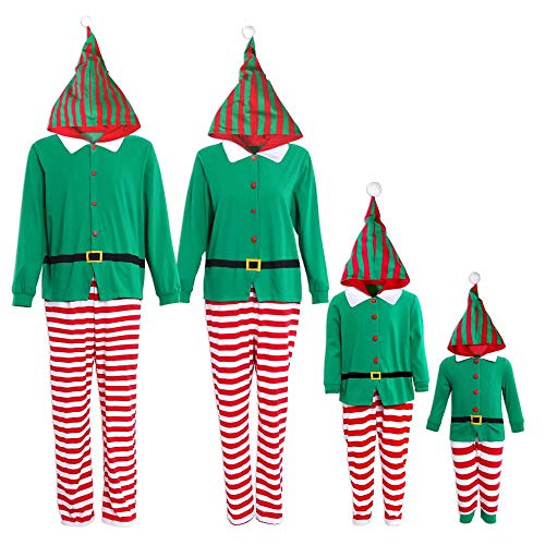 Yaffi Family Matching Christmas Pajamas Set One Piece Striped Hooded Sleepwear Santa Claus Elf Cosplay Outfit for Kids Adult Men: M Green