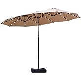 15ft Double Sided Patio Umbrella with Solar Lights, Outdoor Large Umbrellas with Crank Handle and 36 LED Lights, Rectangular Market Umbrella with Base Included for Deck Pool Shade (With Base)