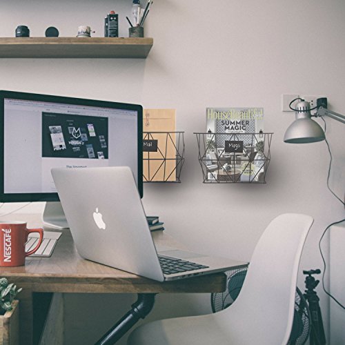 2 Wall Mount Mail Organizers - Black Metal Wire Magazine Storage Baskets for Home and Office - Thumbnail 5