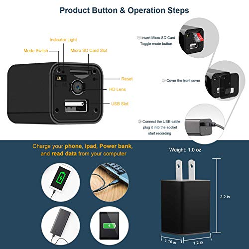Hidden Camera Charger, USB Spy Camera Wall Charger, Mini Spy Camera
