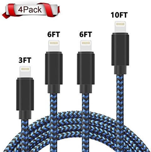 Xpener iPhone Charger 4Pack 3FT 6FT 6FT 10FT Nylon Braided Lightning to USB iPhone Cable Charger Cord for iPhone X 8 7 Plus 6S 6 SE 5S 5C 5, iPad 2 3 4 Mini Air Pro, iPod Nano 7