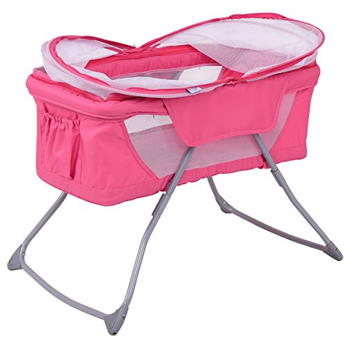 Costzon Baby Bassinet, Lightweight Foldable Rocking Bed with Mosquito Net & Carrying Bag (Pink)