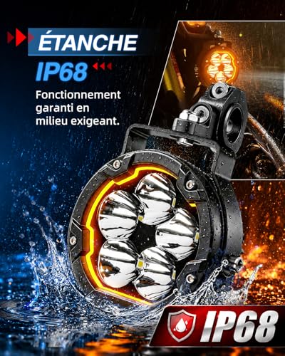BraveWAY Additional Motorcycle Headlights 3.7 Inch 70W 16000LM DRL Amber Strobe Function Beam Combo Yellow/Black Covers U-Brackets and Tubular Cable Harness